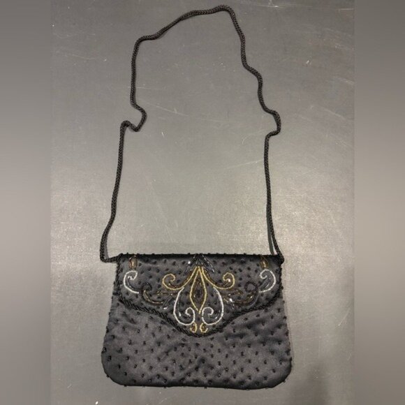 Vintage Black Silver Gold Beaded Elegant Clutch Purse Crossbody‎ Shoulder - Picture 5 of 10